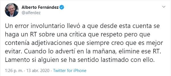 "Fue un error involuntario", dijo Alberto Fernández sobre el retuit de una crítica a Jonatan Viale.