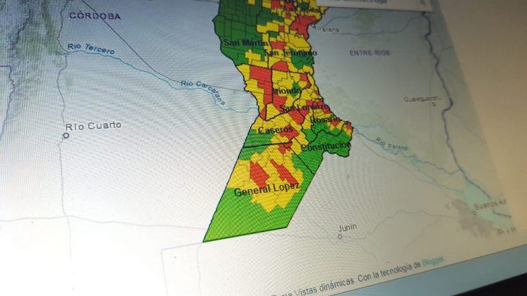 Mapa interactivo que permite chequear el avance del coronavirus por localidad y departamento. (Vía Rosario)