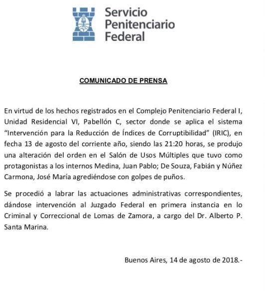 El comunicado del Servicio Penitenciario Federal