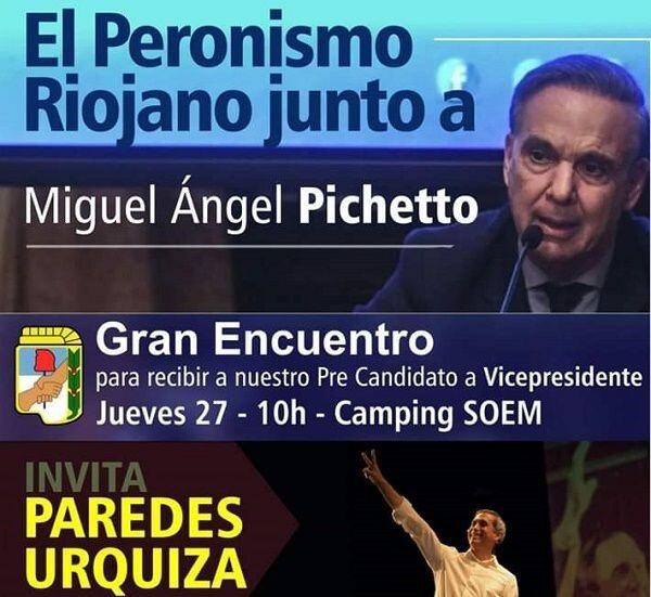 La denuncia del PJ se originó en afiches que difundió el paredismo y con el que se promocionaba un acto político con la presencia del candidato a vicepresidente del macrismo, Miguel Ángel Pichetto. En el afiche aparece el escudo peronista.