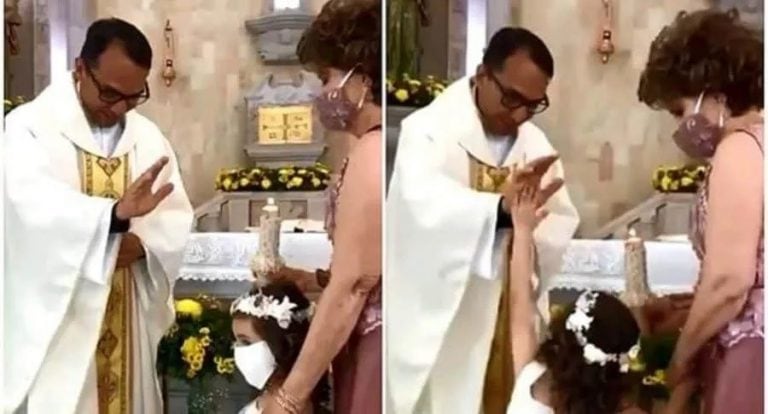 Video viral de una niña que confunde el gesto de un sacerdote (Web)