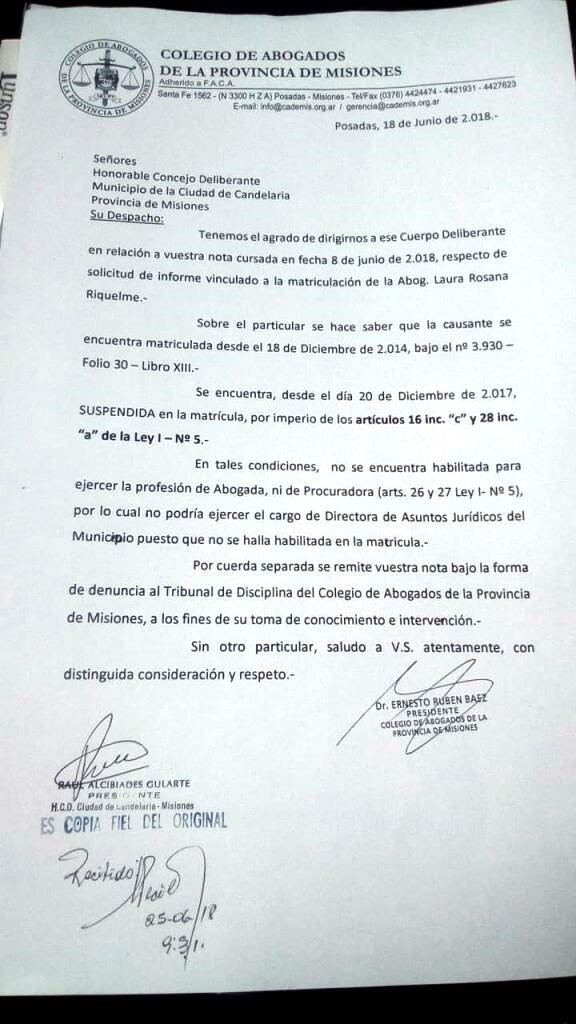 Informe del Colegio de Abogados de Misiones sobre la inhabilitación por falta de pago por parte de la exdirectora de Asuntos Jurídicos.