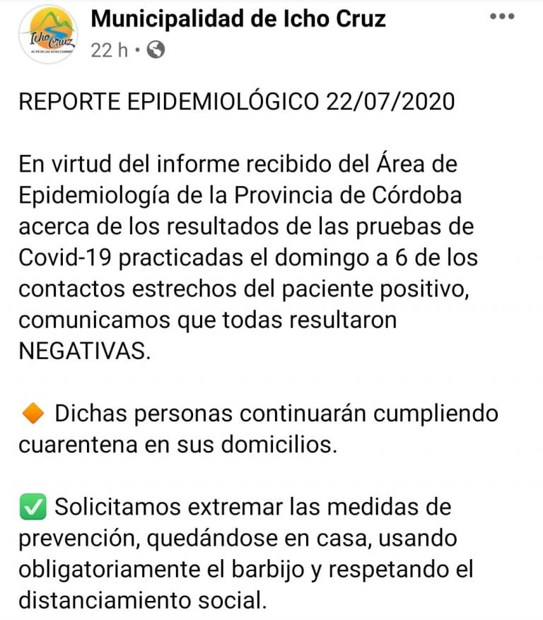 Informe epidemiológico emitido y difundido por el Municipio de Villa Icho Cruz.