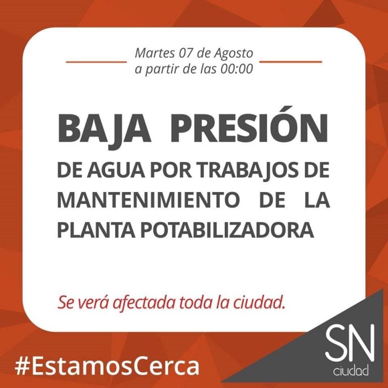 Baja presión de agua en toda la ciudad desde la medianoche. (Prensa Municipio)