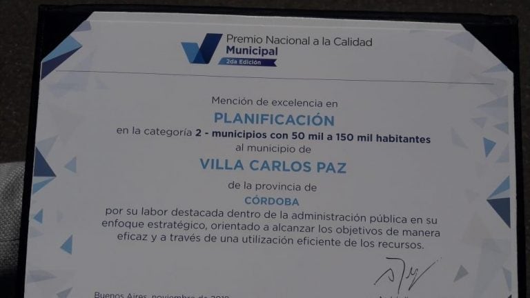 Premiaron al Municipio de Carlos Paz