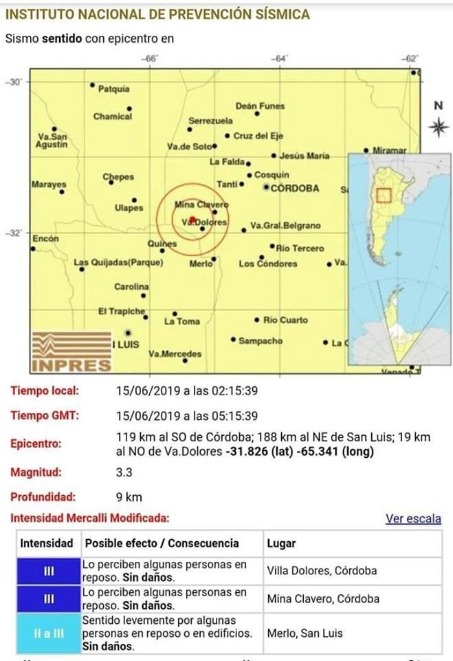 Sismo en Villa Dolores. (Foto: INPRES).