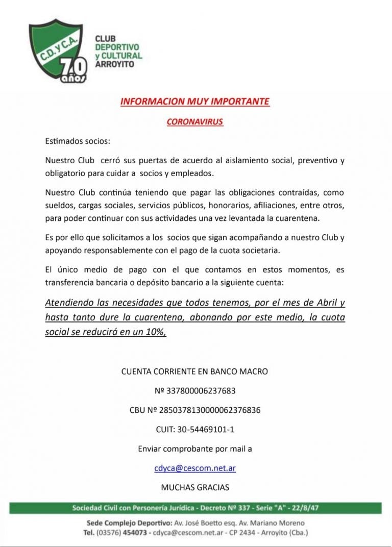 Comunicado del Club Cultural de Arroyito solicitando el pago de la cuota