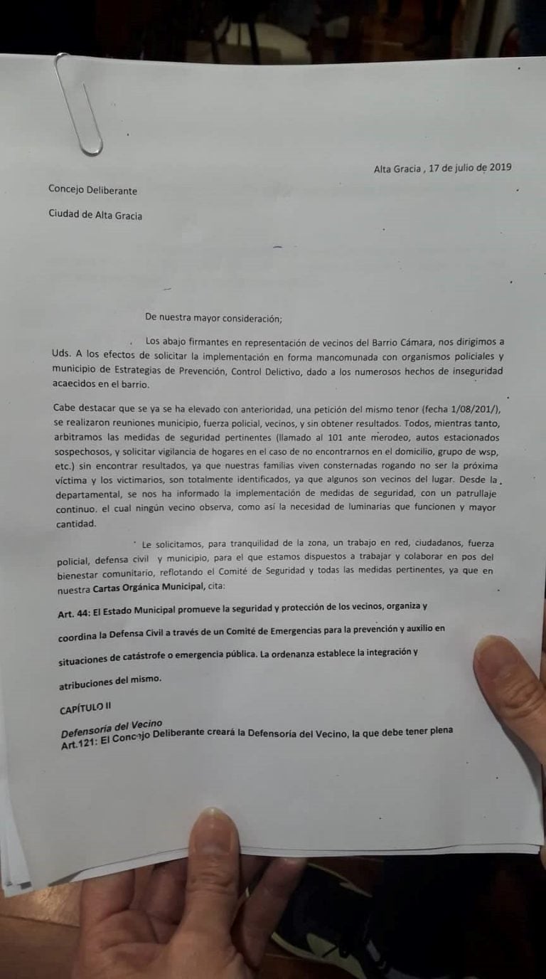 Carta de los vecinos de Barrio Cámara, Alta Gracia.