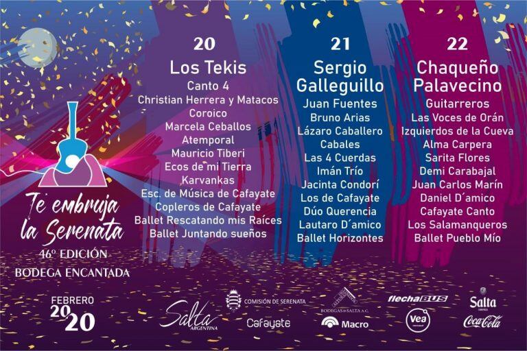 Cartelera complet de la Serenata a Cafayate 2020 (Facebook Serenata a Cafayate 2020)