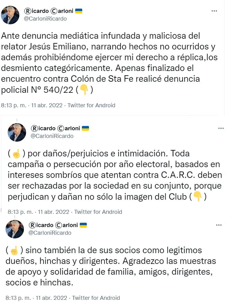 Carloni se defendió a través de Twitter y luego anunció su contraofensiva legal por la denuncia del periodista.