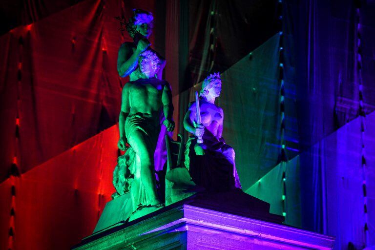 El Congreso de la Nacion iluminado con los colores de la diversidad al cumplirse 10 años de la sanción de la ley de matrimonio igualitario en Argentina, el 15 de Julio de 2020, en Buenos Aires, Argentina. (Charly Diaz Azcue / Comunicación Senado)