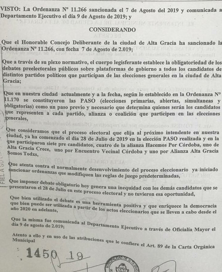 El intendente Facundo Torres vetó parcialmente el debate de los candidatos. Créditos: Mi Valle.