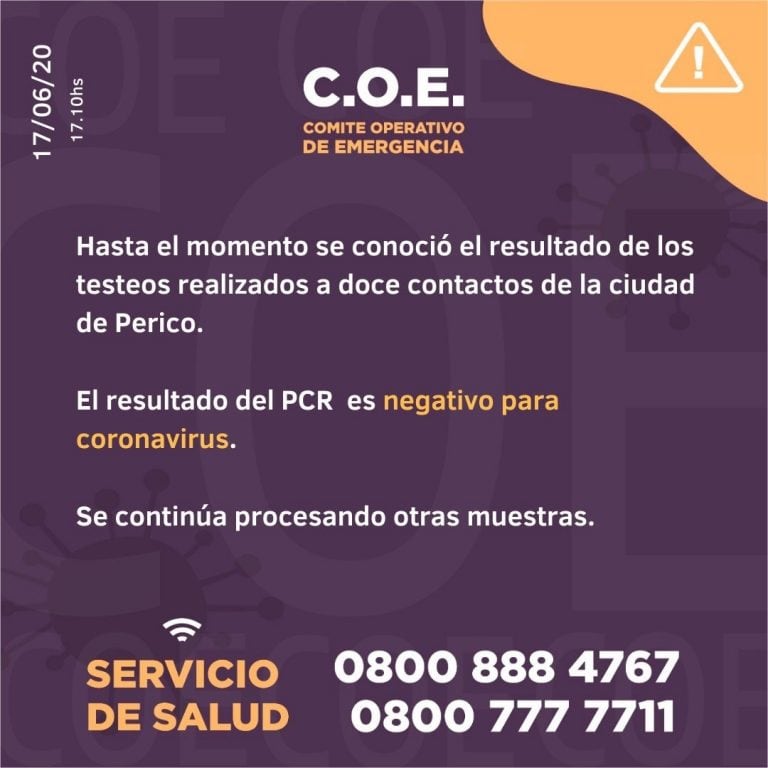 Por la tarde el COE comunicó que doce contactos testeados en Perico, no son portadores de Covid-19.