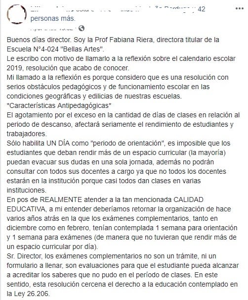 El texto enviado por Fabiana Riera, directora titular de la Escuela N°4-024 "Bellas Artes" a Jaime Correas.