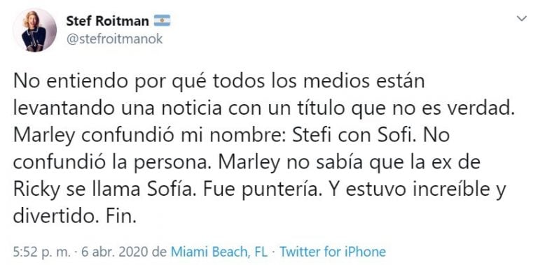 Las publicaciones de Stefi Roitman tras el error de Marley (Foto: captura Twitter)