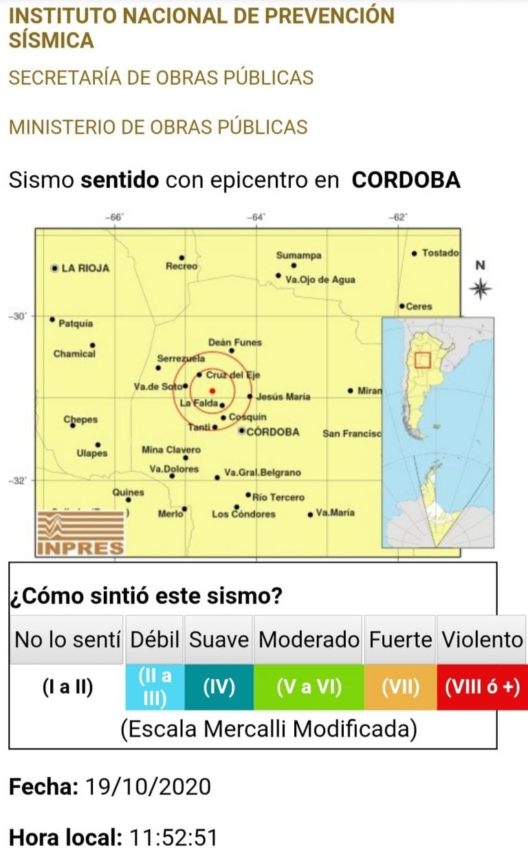 Temblor con epicentro en la ciudad de LA Falda. (Imagen: captura / INPRES).