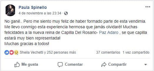 Paula Spinello, se expresó por medio de las redes.