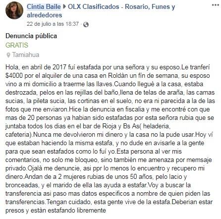 Cintia Baile publicó en Facebook que las acusadas siguen operando. (Facebook)