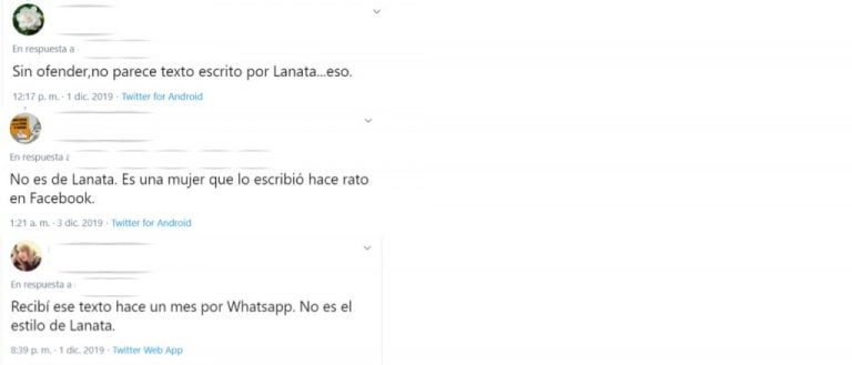 Capturas de los comentarios en Twitter de usuarios que dudaron de la veracidad de la nota publicada en “Colussi 52”.