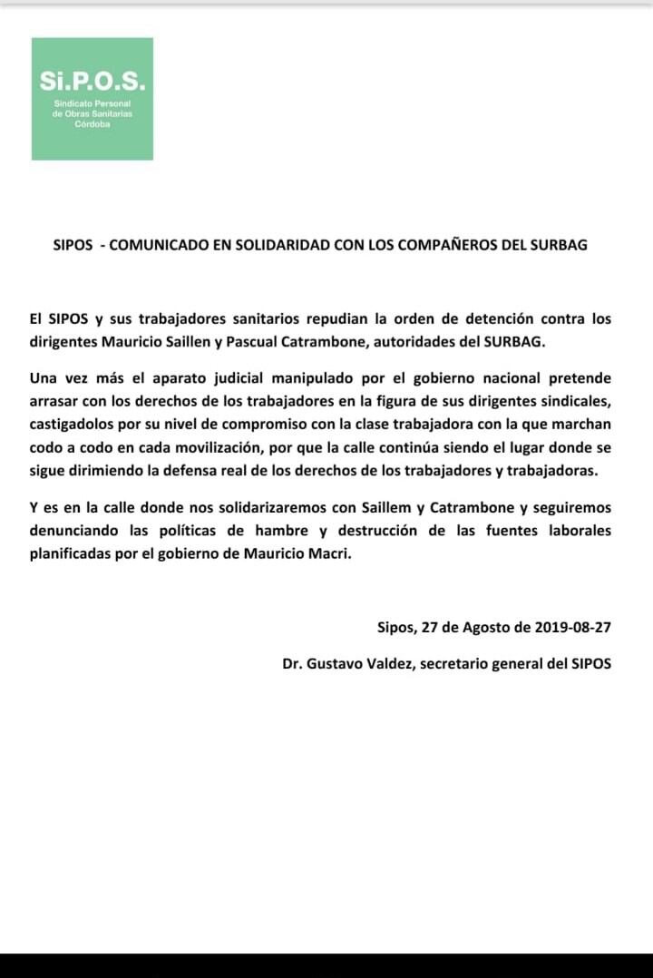 Comunicado de prensa de Sipos.