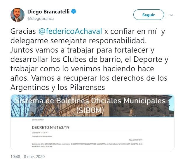 El mensaje de Diego Brancatelli en Twitter.