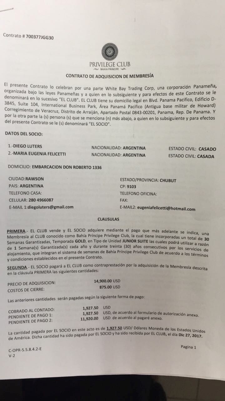 El tiempo compartido de Luters y su esposa. Pagaron la suma de 15 mil dólares para vacacionar en Panama.