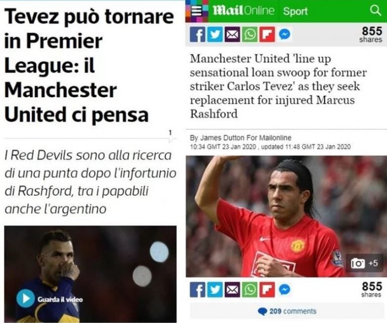 Los medios de europa hablan de la pretensión de Manchester United por sumar a Tevez (Foto: captura)