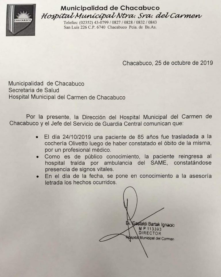 Nota del municipio de Chacabuco.