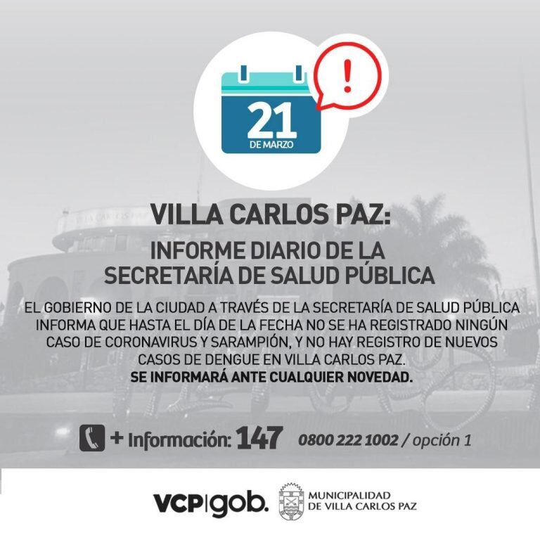 Informe diario desde la Secretaría de Salud Pública de Villa Carlos Paz. (Sábado 21 de marzo).