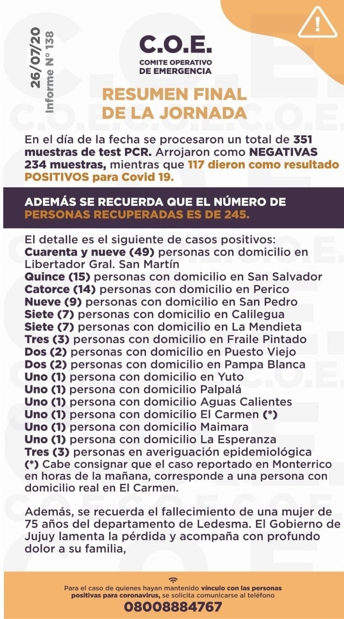 El reporte final de la jornada del domingo 26 de julio, publicado por el COE Jujuy.