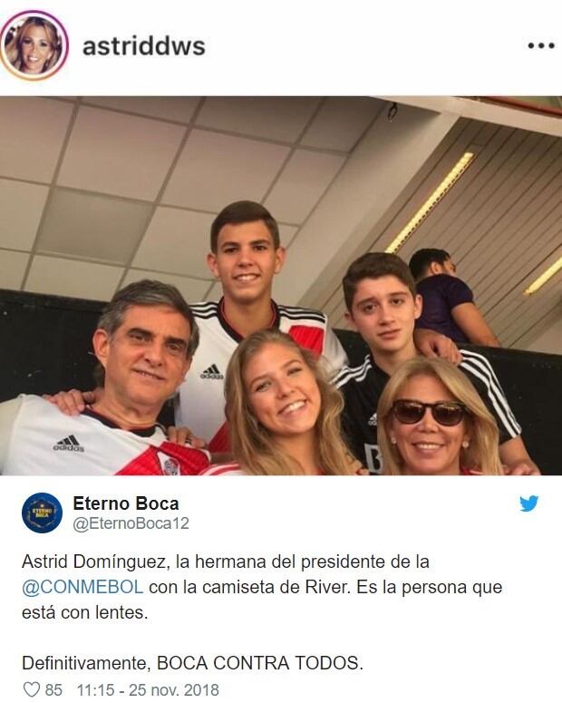 Una foto de la hermana del presidente de Conmebol enfureció a los hinchas de Boca