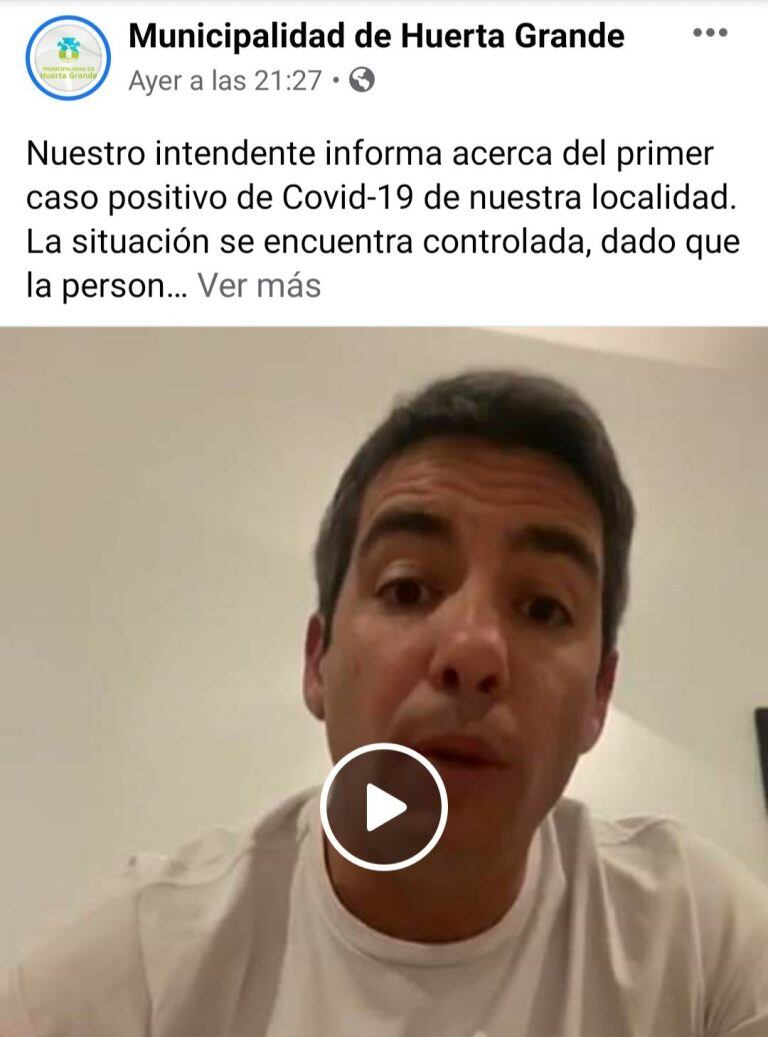 Intendente de Huerta Grande, Matías Montoto comunicando a través de las redes sociales oficiales del Municipio. (Foto: captura / Facebook Municipalidad de Huerta Grande).