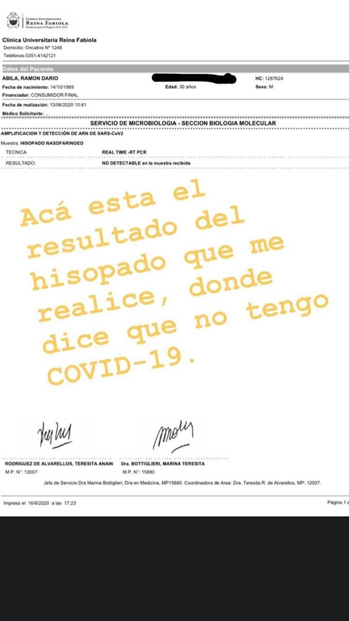 Wanchope Ábila mostró el resultado que le dio negatio de coronavirus.