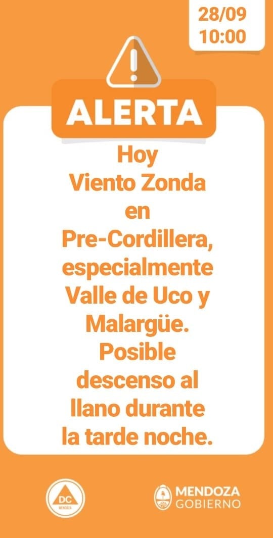 Alertas de Defensa Civil por viento zonda.