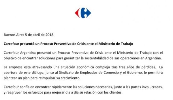 Comunicado de  Carrefour Argentina.