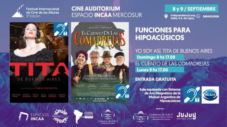 Este domingo 8, en el marco del Festival Internacional de Cine de las Alturas, la sala Cine Auditorium Espacio INCAA -Independencia esquina Italia- inaugurará un Sistema de Amplificación de Aro Magnético donado por el Ministerio de Salud de Jujuy, para espectadores usuarios de audífonos o implante coclear.