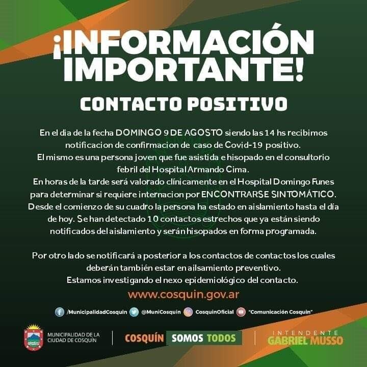 Comunicado difundido por la Municipalidad de la ciudad de Cosquín.