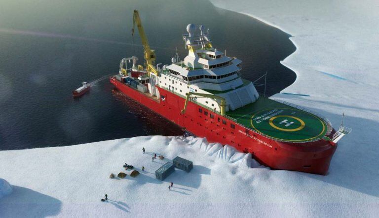 Render del RRS "Sir David Attenborough" en operaciones logísticas polares.