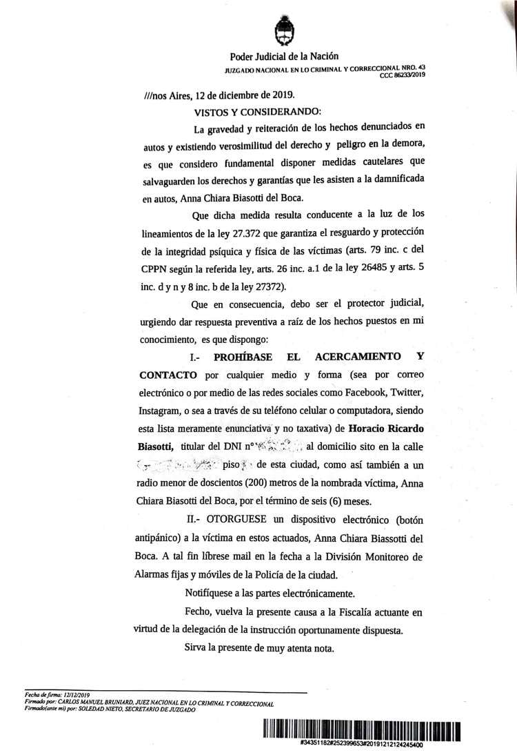 A raíz de la denuncia, fue cuando dictaron la perimetral para Ricardo Biasotti.