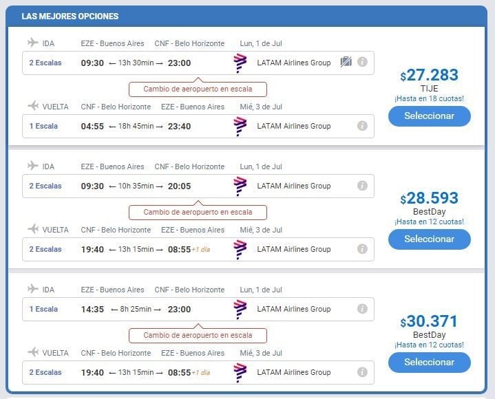 Precios para viajar en avión a Belo Horizonte.