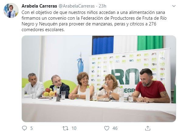 Arabela Carreras, gobernadora provincial, celebró el acuerdo (web).