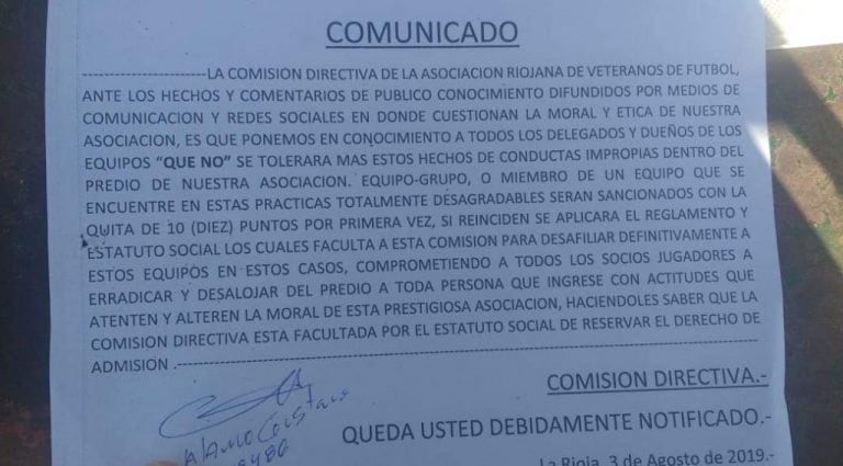 Comunicado de la Comisión Directiva de la Asociación de Veteranos Riojanos de Fútbol.