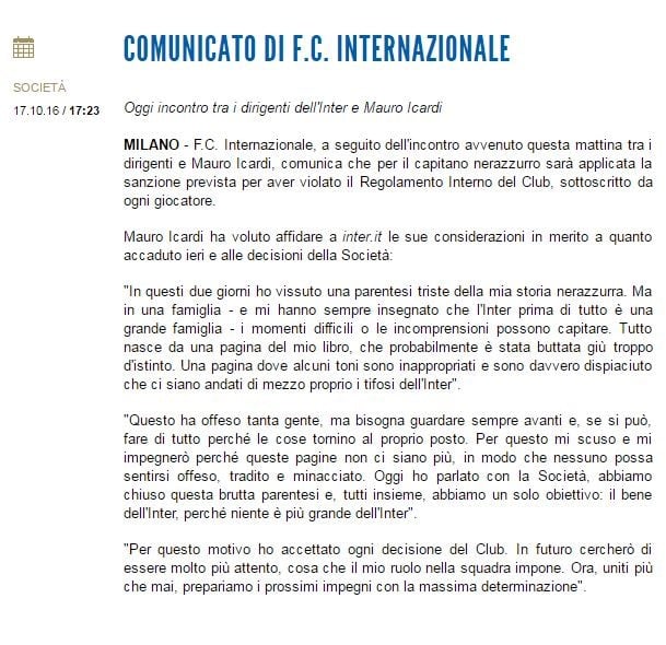 Comunicado del Inter de Milán sobre el conflicto con Mauro Icardi