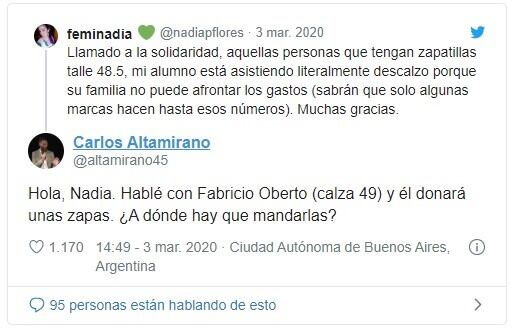 "Fabricio Oberto (calza 49) y él donará unas zapas", dice la contestación por medio de las redes.