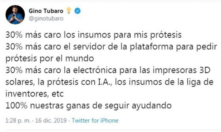 El tuit de Gino Tubaro. (crédito: @ginotubaro)