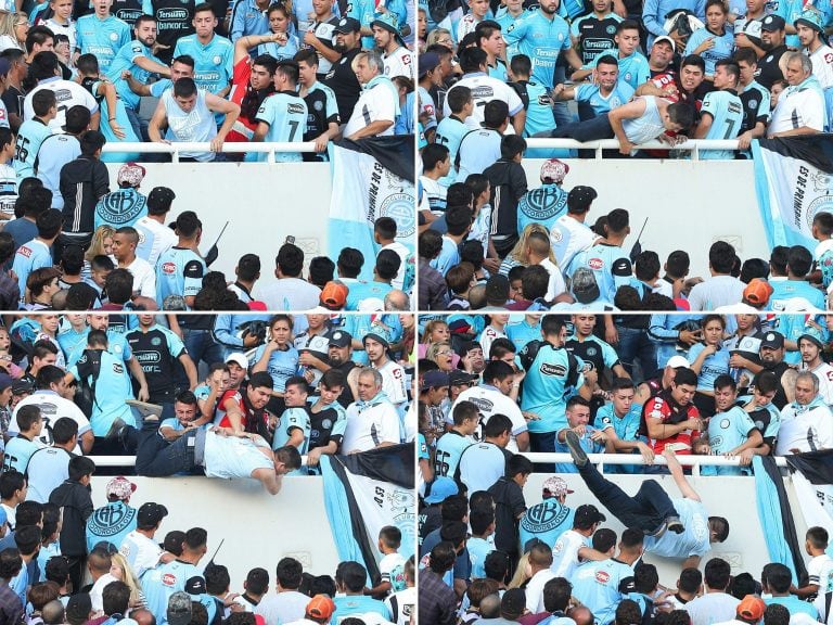 el partido clasico cordobes cordoba CORDOBA 15 de abril 2017 hincha talleres infiltrado en tribuna belgrano incidentes disturbios simpatizantes tiraron de la tribuna a un supuesto infiltrado agresion violencia arrojaron a Emanuel Balbo desde la popular willington esta en grave estado 
 (COMBO) This combination of pictures created on April 17, 2017 shows Belgrano's supporter Emanuel Balbo (C) being hit and pushed down from the stands of the Mario Kempes stadium by other supporters of the same team while trying to escape for the aggressions during half time of the Argentine First division football match derby between Belgrano and Talleres, in Cordoba, on April 15, 2017.
Balbo is brain dead since he was thrown over the railing on Saturday when he recognized in the crowd the man who ran over and killed his brother four years before.  / AFP PHOTO / NICOLAS AGUILERA cordoba Emanuel Balbo campeonato torneo primera division 2016 2017 futbol futbolistas partido belgrano de cordoba talleres de cordoba