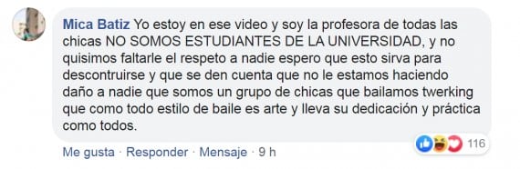 Así se defendió por Facebook la profesora del grupo de mujeres.