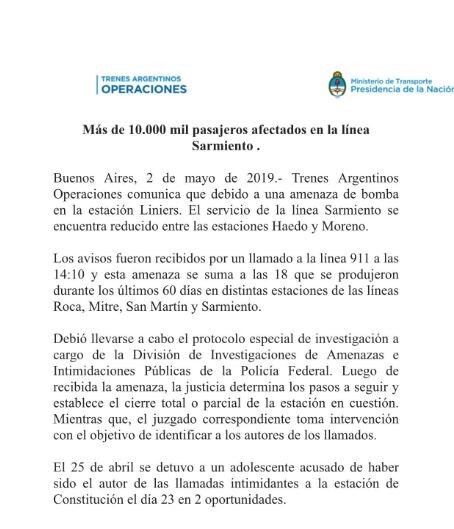 El comunicado del Ministerio de Transporte.