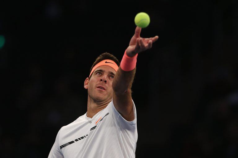 NEW YORK, NY - MARCH 06: Juan Martin del Potro of Team Americas serves against Kei Nishikori (not pictured) of Team World in their Men's Singles match during the BNP Paribas Showdown at Madison Square Garden on March 6, 2017 in New York City.   Elsa/Getty