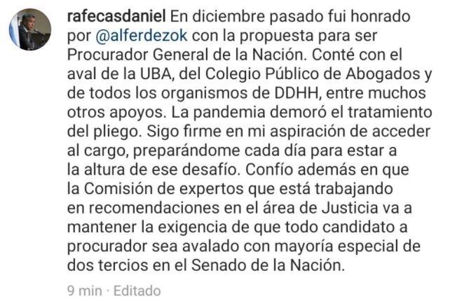 Daniel Rafecas aclaró que sigue "firme" en su aspiración de acceder a la Procuración General. (Instagram/@rafecasdaniel)